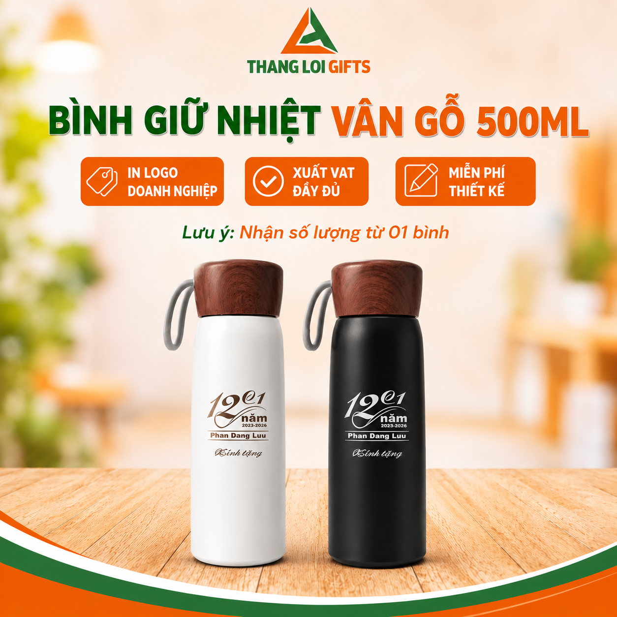 Bình Giữ Nhiệt Inox Nắp Vân Gỗ 500ml In Khắc Logo Doanh Nghiệp