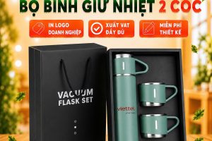 Bộ bình giữ nhiệt Inox kèm 2 cốc - In khắc logo Doanh Nghiệp