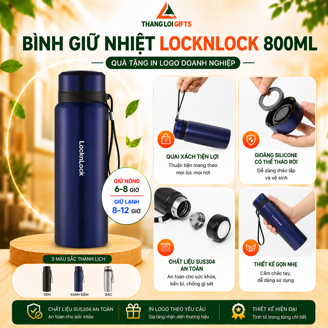 LOCKNLOCK800ML_TT Bình Giữ Nhiệt Lock&Lock LHC6180 800ml In Khắc Logo Doanh Nghiệp