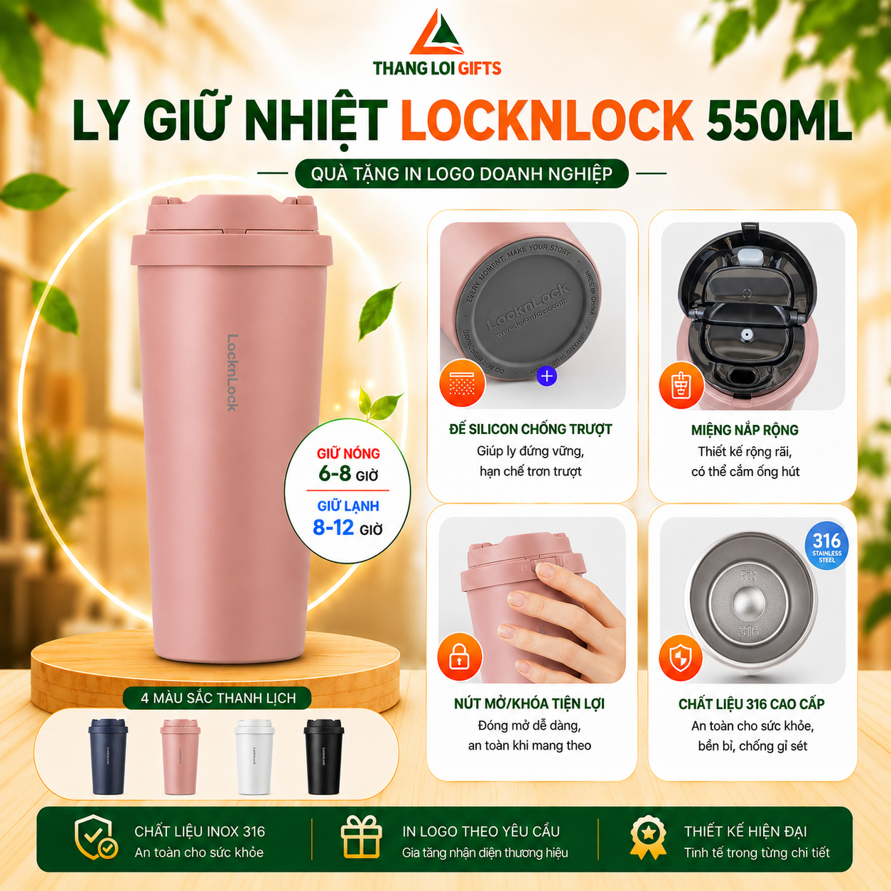 LY GIỮ NHIỆT LOCKNLOCK 550ML Ly Giữ Nhiệt Lock&Lock LHC3249 550ml In Khắc Logo Làm Quà Tặng Cao Cấp