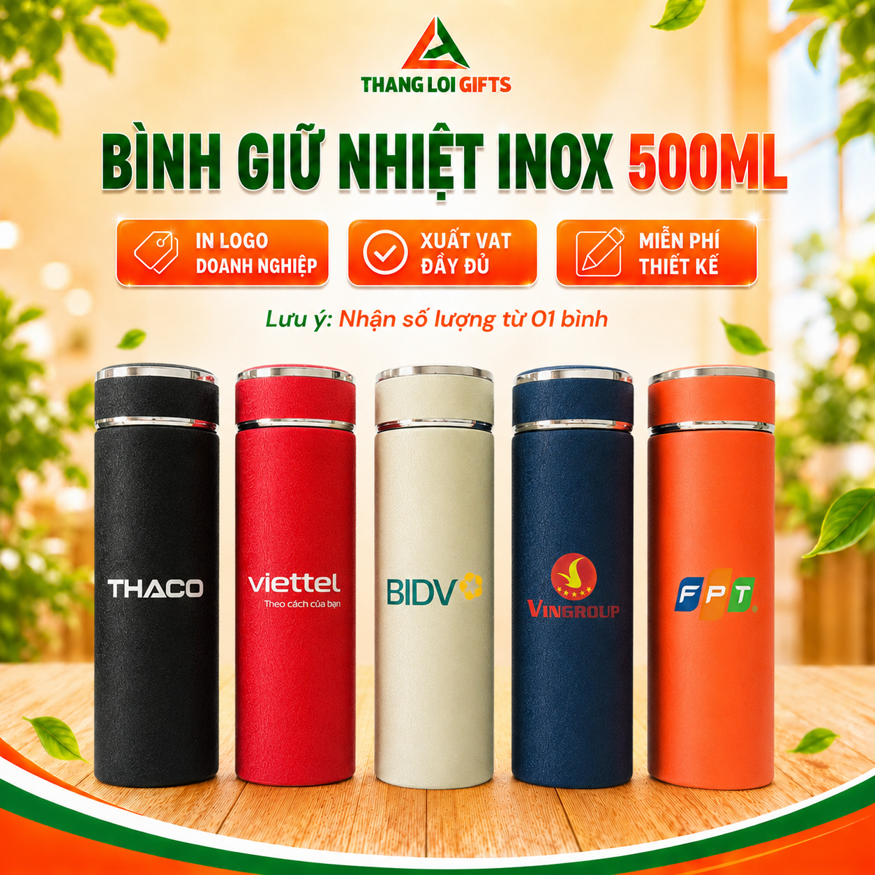 Bình Giữ Nhiệt Inox 2 Lớp Cao Cấp - In Khắc Logo Dành Cho Doanh Nghiệp