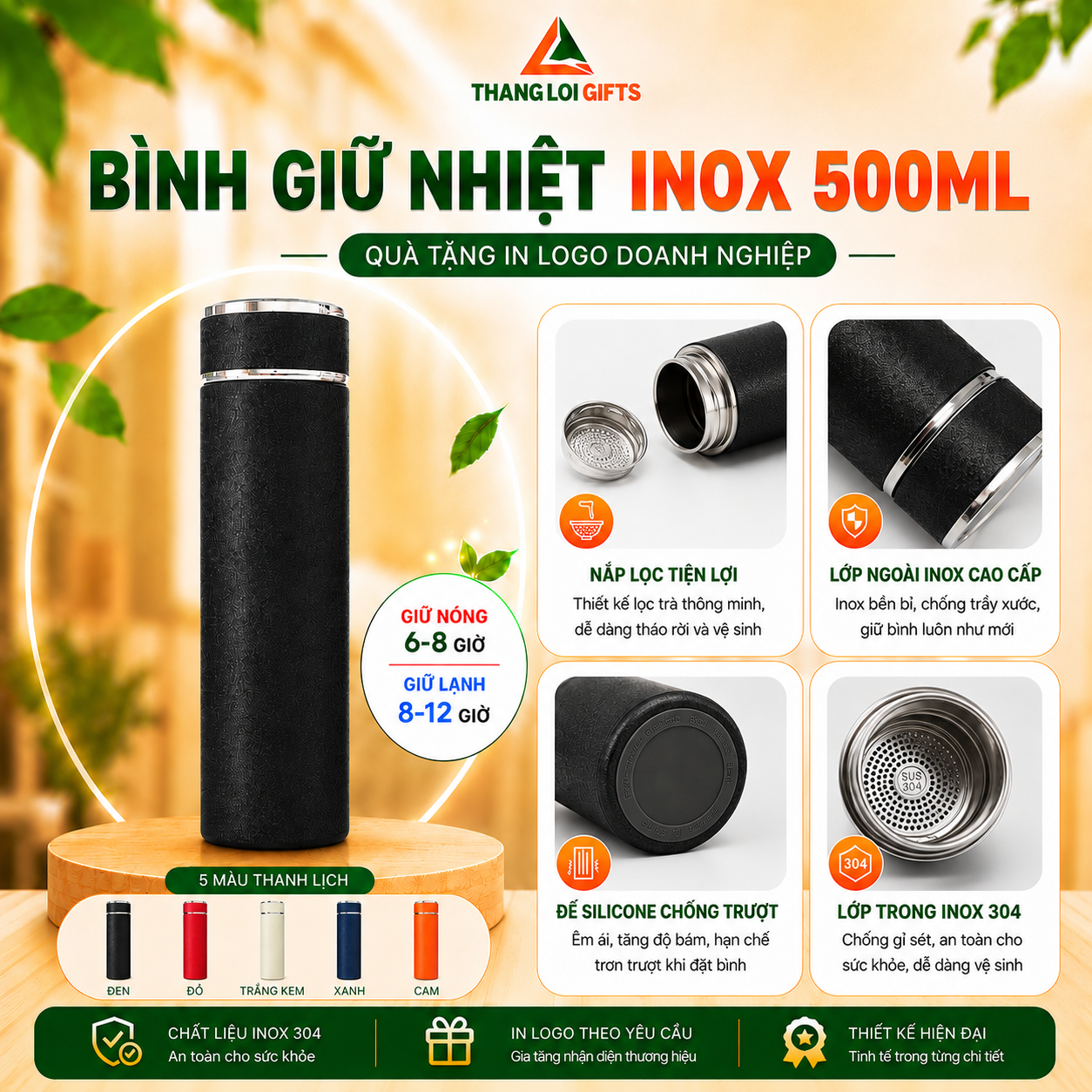 BÌNH GIỮ NHIỆT INOX 500ML_TT Bình Giữ Nhiệt Inox 2 Lớp Cao Cấp - In Khắc Logo Dành Cho Doanh Nghiệp