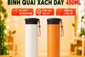 Bình Giữ Nhiệt Inox 450ml Quai Xách Dây Da Nâu - In Khắc Logo Theo Yêu Cầu