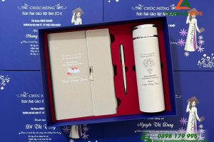 Bộ Quà Tặng (Sổ+ Bình+ Bút) Màu Trắng Kem - In Khắc Nội Dung Tri Ân