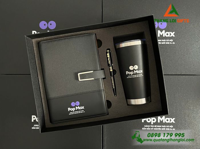 Giftset - Bộ Quà Tặng Cao Cấp (Sổ+ Ly+ Bút) Màu Đen In Khắc Logo Pop Max