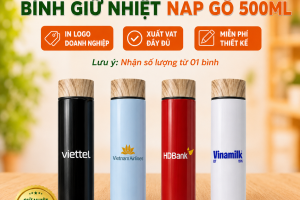Bình Giữ Nhiệt Nắp Gỗ Flat 500ml In Ấn Logo Làm Quà Tặng