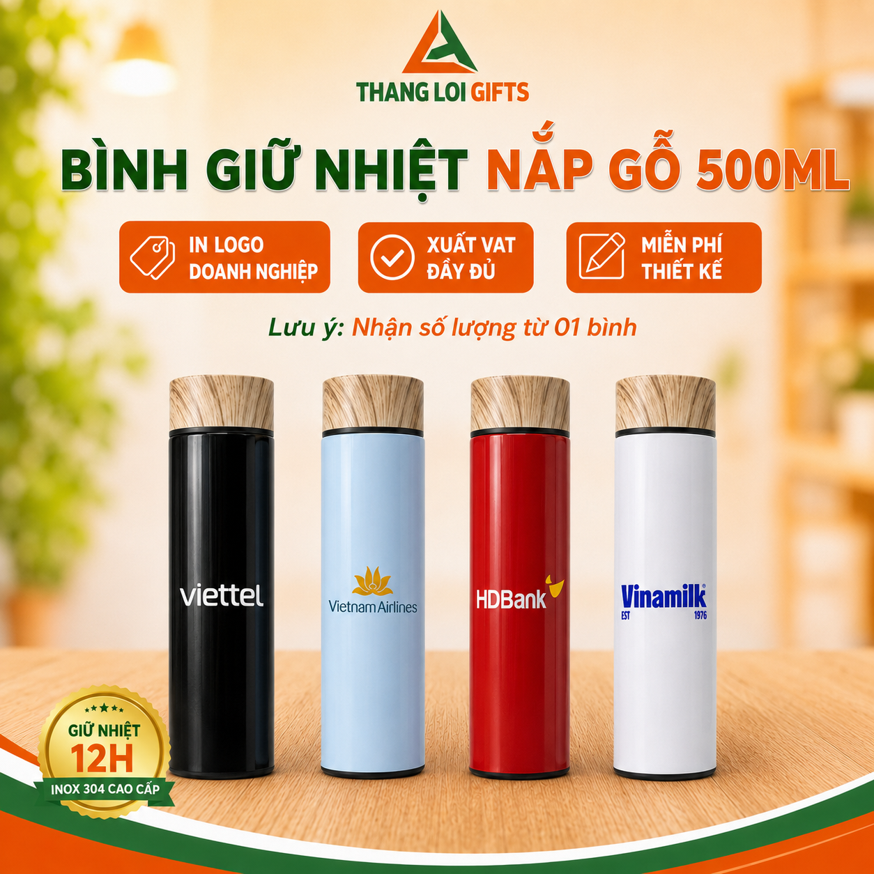 Bình Giữ Nhiệt Nắp Gỗ Flat 500ml In Ấn Logo Làm Quà Tặng
