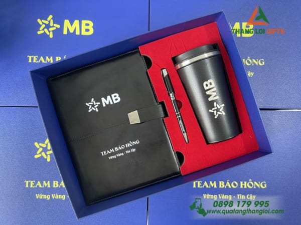 Bộ quà tặng Giftset Ngân hàng (Sổ tay, Bút ký và Ly giữ nhiệt) In khắc logo Ngân hàng MB Bank