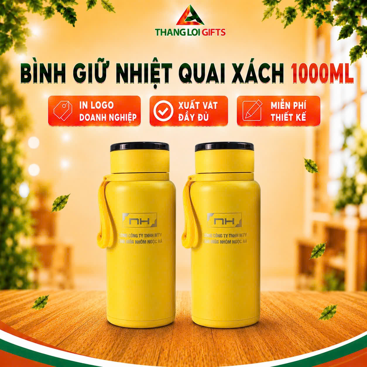 Bình Giữ Nhiệt 1000ml (1 lít) Màu Vàng Khắc Logo Doanh Nghiệp