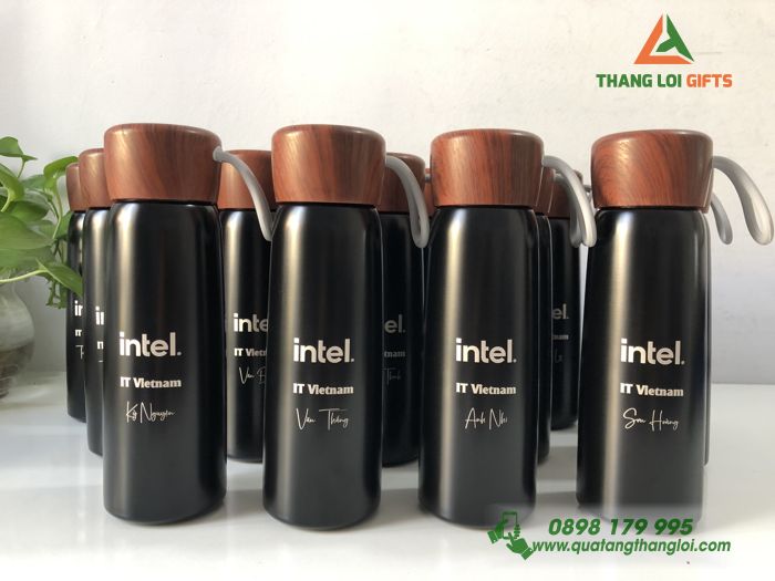 Quà tặng Bình giữ nhiệt Nắp vân gỗ Màu đen Khắc logo Intel