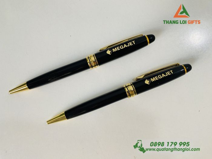 Bút ký kim loại Xoay Màu đen khoen vàng Khắc logo doanh nghiệp MEGAJET (1)
