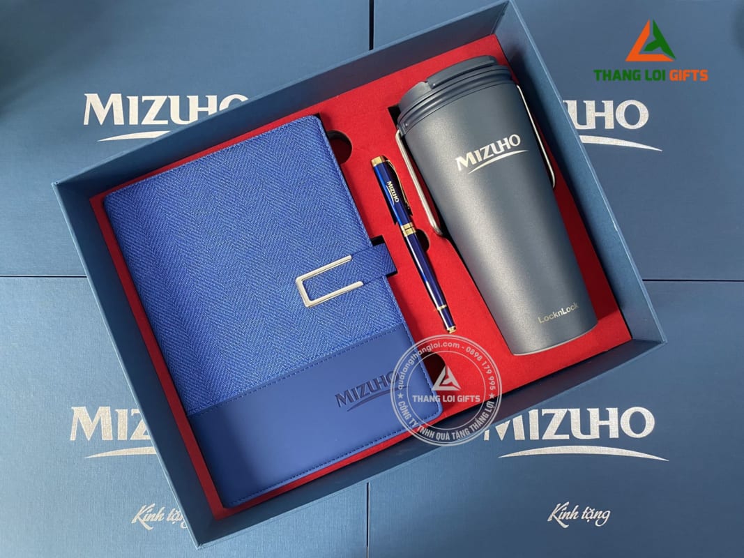 Bộ Giftset 3 món Cao cấp (Sổ+ Ly locknlock+ Bút) - In khắc logo MIZUHO