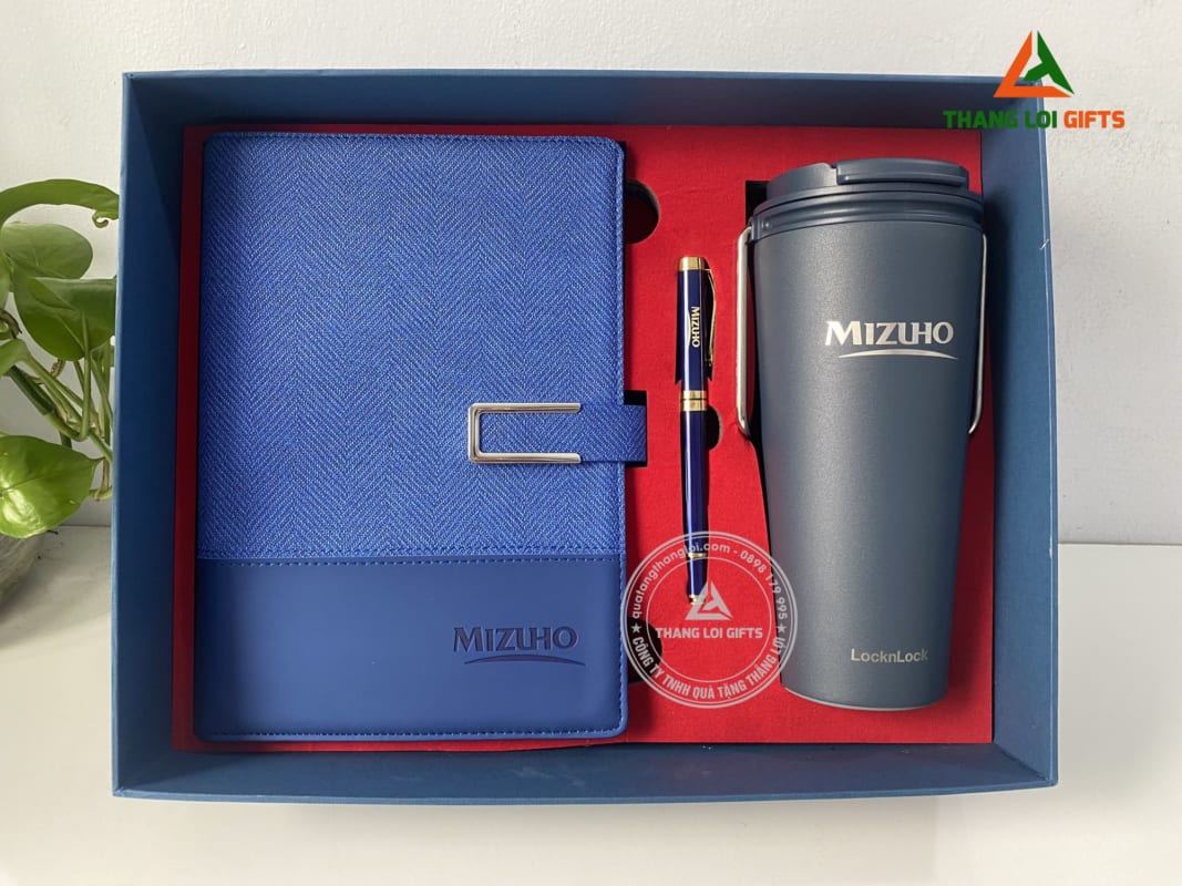 Bộ Giftset 3 món Cao cấp (Sổ+ Ly locknlock+ Bút) - In khắc logo MIZUHO