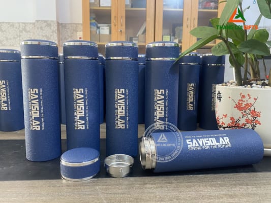 Bình giữ nhiệt Inox 2 lớp cao cấp Màu xanh - Khắc logo SAVISOLAR