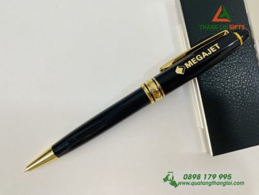 Bút ký kim loại Xoay Màu đen khoen vàng - Khắc logo doanh nghiệp MEGAJET