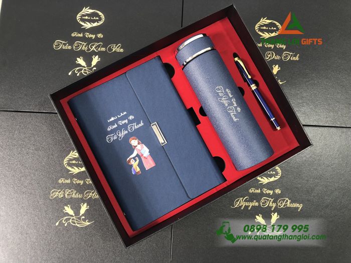 Bộ Giftset 3 món (Sổ+ Bình+ Bút) - In khắc nội dung tri ân Thầy cô