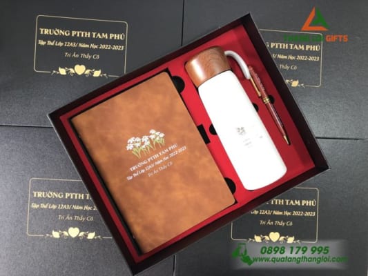 Giftset (Sổ tay+ Bình+ Bút) - In khắc nội dung Tri ân Thầy cô Trường PTTH Tam Phú