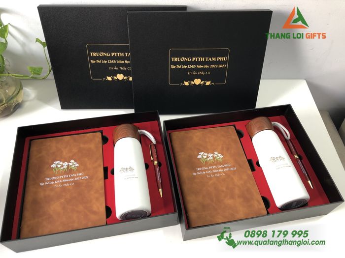 Giftset (Sổ tay+ Bình+ Bút) - In khắc nội dung Tri ân Thầy cô Trường PTTH Tam Phú