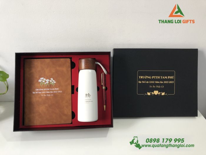 Giftset (Sổ tay+ Bình+ Bút) - In khắc nội dung Tri ân Thầy cô Trường PTTH Tam Phú