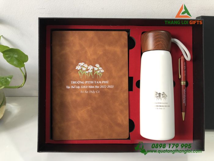 Giftset (Sổ tay+ Bình+ Bút) - In khắc nội dung Tri ân Thầy cô Trường PTTH Tam Phú