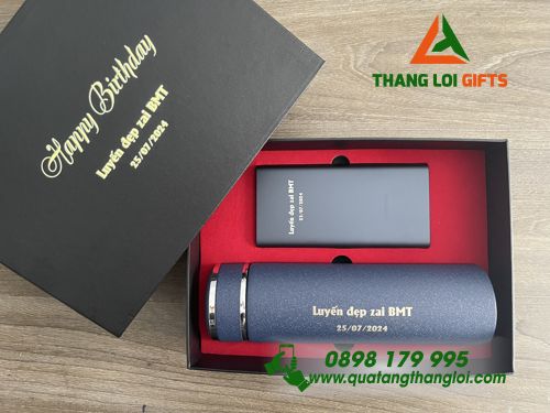 Bộ quà tặng Giftset (Bình giữ nhiệt+ Pin sạc) - In khắc nội dung Happy Birthday