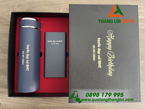 Bộ quà tặng Giftset (Bình giữ nhiệt+ Pin sạc) - In khắc nội dung Happy Birthday