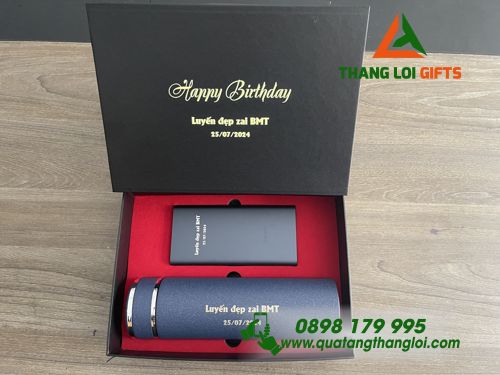 Bộ quà tặng Giftset (Bình giữ nhiệt+ Pin sạc) - In khắc nội dung Happy Birthday