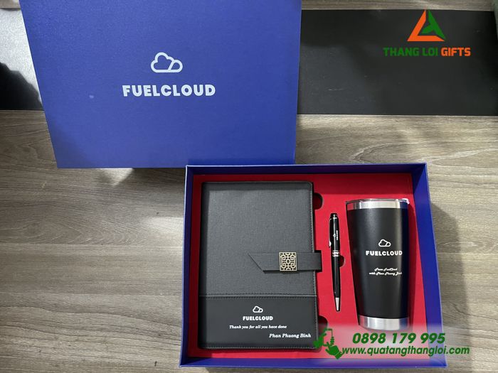 Bộ quà tặng (Sổ tay+ Bình giữ nhiệt+ Bút ký) - In khắc logo FUELCLOUD