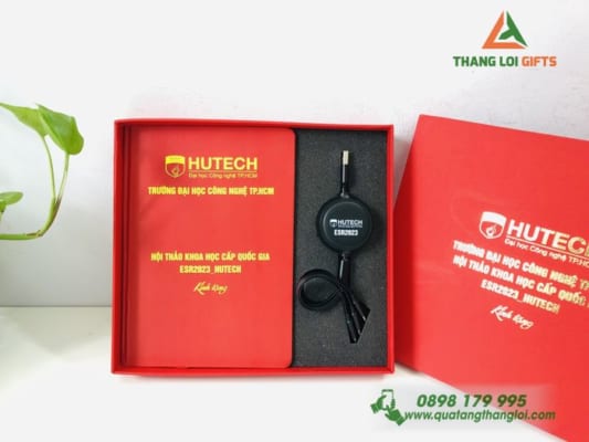 Bộ Giftset (Sổ tay+ Cáp sạc ba đầu) - In logo Trường ĐH HUTECH