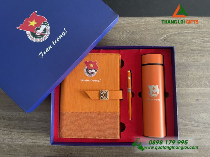 Bộ Giftsets (Sổ tay, Bình giữ nhiệt & Bút ký) Màu cam - In khắc logo ĐOÀN THANH NIÊN