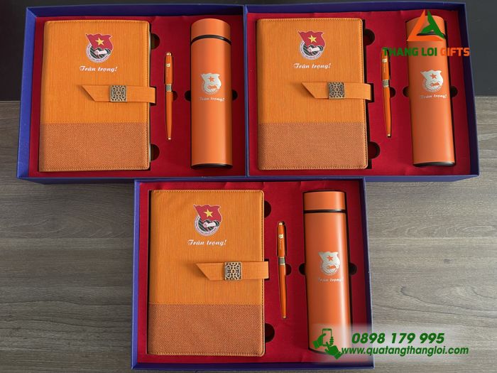 Bộ Giftsets (Sổ tay, Bình giữ nhiệt & Bút ký) Màu cam - In khắc logo ĐOÀN THANH NIÊN