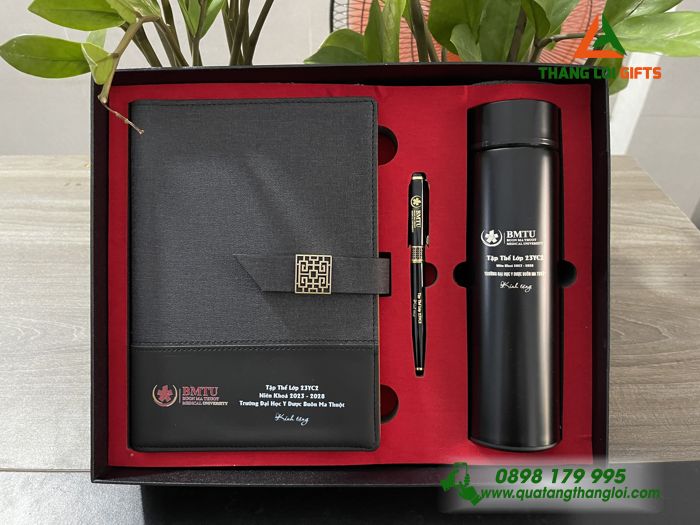 Bộ Giftset Cao cấp (Sổ tay+ Bình & Bút ký) - In khắc logo Trường ĐH Y Dược Buôn Ma Thuột