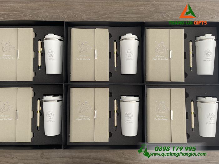 GST 96 - Bộ Giftset Màu trắng kem (Sổ tay, Bút ký & Ly gữ nhiệt)_In khắc nội dung theo yêu cầu