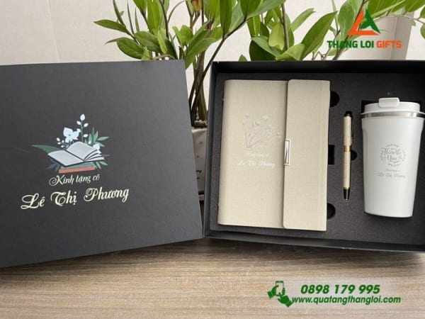 GST 96 - Bộ Giftset Màu trắng kem (Sổ tay, Bút ký & Ly gữ nhiệt)_In khắc nội dung theo yêu cầu