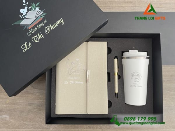 GST 96 - Bộ Giftset Màu trắng kem (Sổ tay, Bút ký & Ly gữ nhiệt)_In khắc nội dung theo yêu cầu