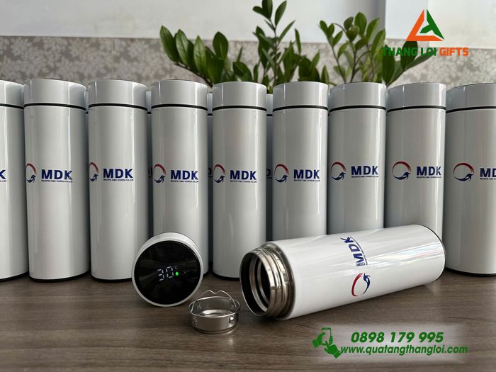 Bình giữ nhiệt hiện thị nhiệt độ Màu trắng - In logo Doanh nghiệp MDK