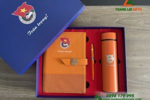 Combo Quà Tặng (Sổ Tay+ Bình Giữ Nhiệt+ Bút Ký) Màu Cam In Logo