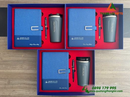 Set Quà Tặng (Sổ+ Ly+ Bút) Màu Xanh - In Khắc Logo Doanh Nghiệp JAVIAR