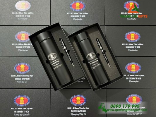 Combo Quà Tặng (Bình Giữ Nhiệt & Bút Ký) Màu Đen - In Khắc Logo Trường Đại Học KHXH&NV TP.HCM
