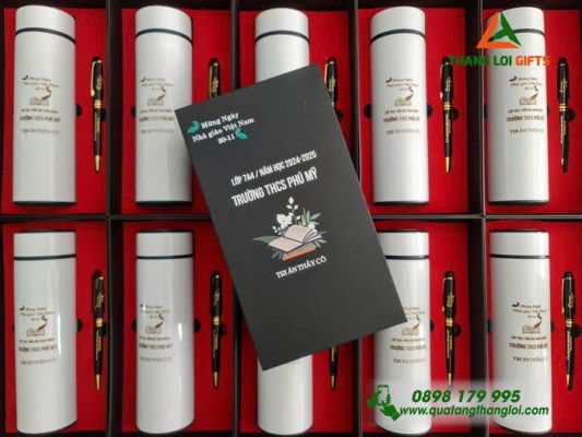 Set Quà Tặng (Bình Giữ Nhiệt & Bút Ký) - In Khắc Logo Tên Trường THCS Phú Mỹ