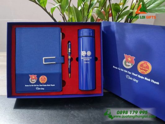 Combo Quà Tặng (Sổ+ Bình+ Bút) Màu Xanh - In Khắc Logo Đoàn Cơ Sở Chi Cục Thuế