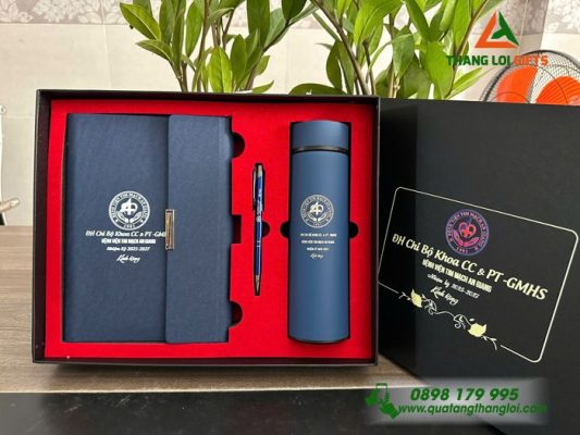 Bộ Quà Tặng (Sổ+ Bình+ Bút) Màu Xanh - In Khắc Logo Bệnh Viện Tim Mạch An Giang