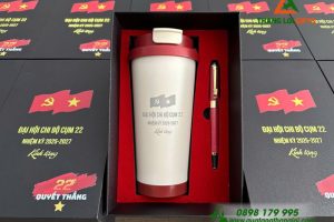 Combo Quà Tặng (Ly Giữ Nhiệt & Bút Ký) Màu Đỏ Sang Trọng - In khắc Logo Đại Hội Chi Bộ Cụm 22