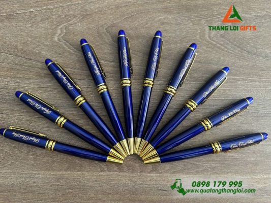 Bút Ký Kim Loại Xoay Màu Xanh Khoen Vàng - Khắc Logo Doanh Nghiệp JAVIAR