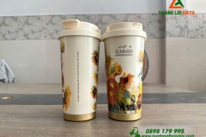 Ly Giữ Nhiệt Coffe 530ml Màu Trắng Kem - In Họa Tiết Hoa Hướng Dương - Khắc Logo, Nội Dung