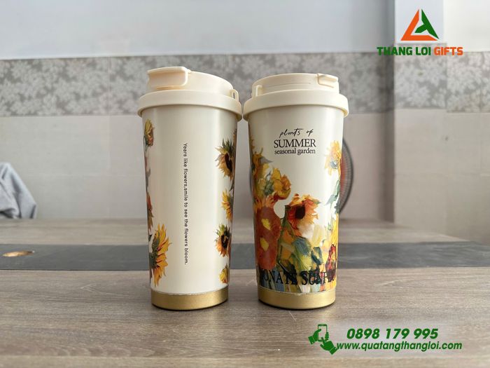 Ly Giữ Nhiệt Coffe 530ml Màu Trắng Kem - In Họa Tiết Hoa Hướng Dương - Khắc Logo, Nội Dung