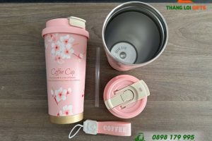 Ly Giữ Nhiệt Coffe 530ml Màu Hồng - In Họa Tiết Hoa Anh Đào
