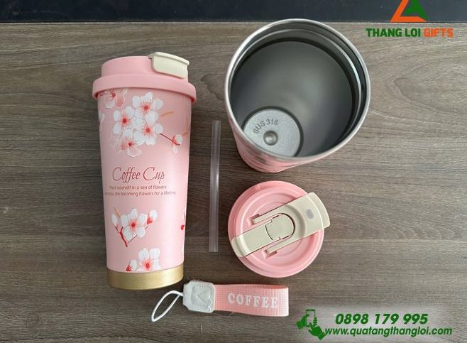 Ly Giữ Nhiệt Coffe 530ml Màu Hồng - In Họa Tiết Hoa Anh Đào