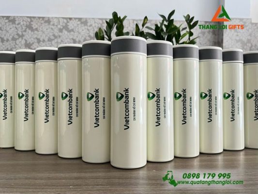 Bình Giữ Nhiệt Hiện Đèn Led Màu Trắng Kem - In Logo Vietcombank