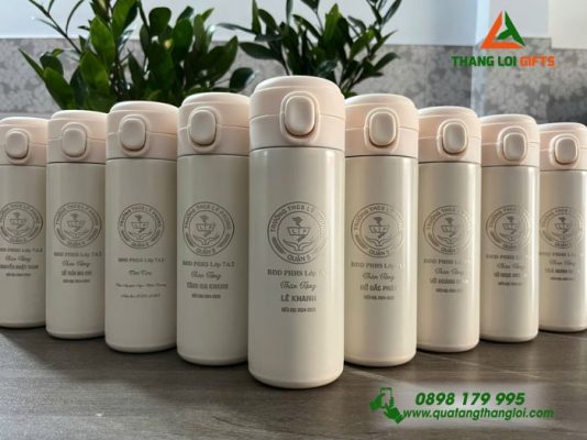 Bình Giữ Nhiệt 450ml Màu Kem - In Khắc Logo Trường THCS Lý Phong